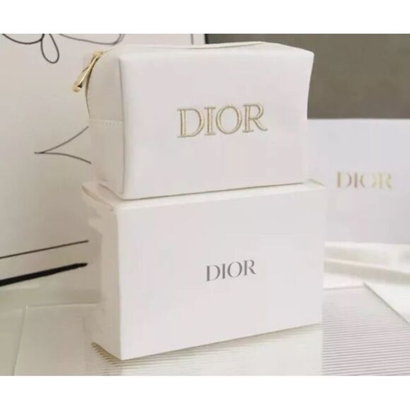 Dior Cosmetic Makeup Bag Trousse Beige Pouch Gold Embroidered - Picture 1 of 12